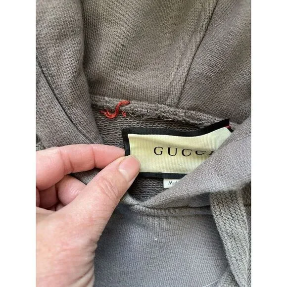 Gucci Interlock G Gray Hoodie With Tan Logo Stripe Sleeve Men’s XXL